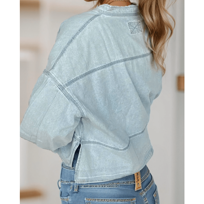 Zaylee Light Wash Exposed Stitching Raw Hem V Neck Denim Top