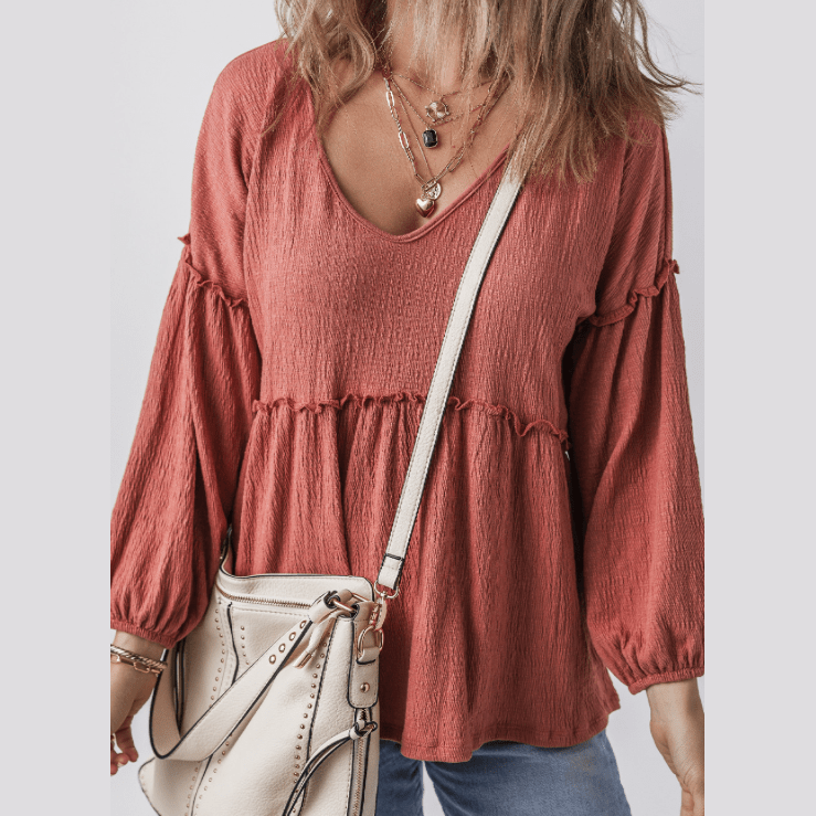 Carrison Textured Frilled Trim V Neck Puff Sleeve Blouse