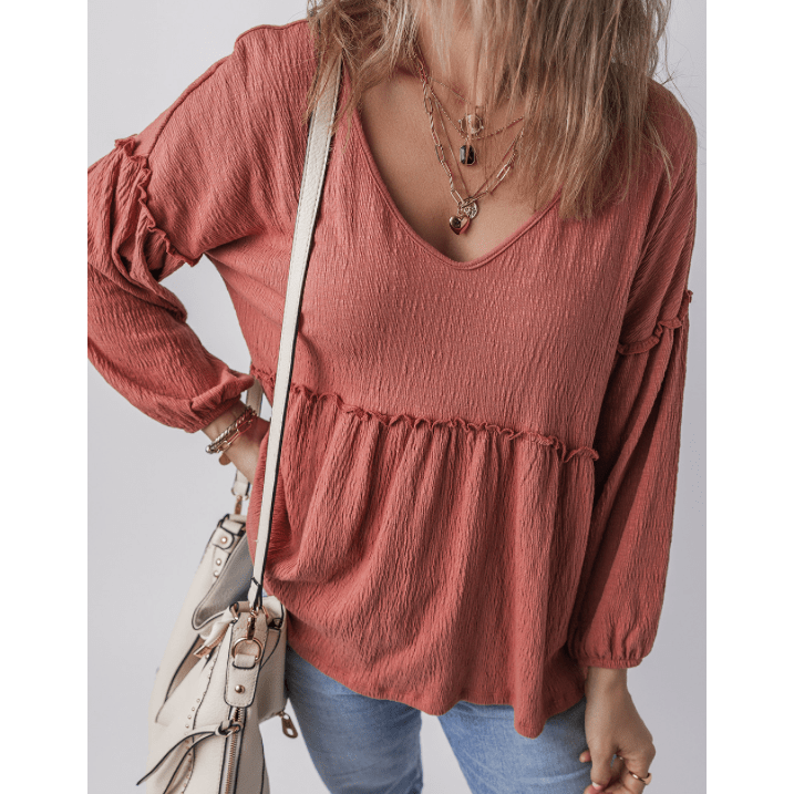 Carrison Textured Frilled Trim V Neck Puff Sleeve Blouse