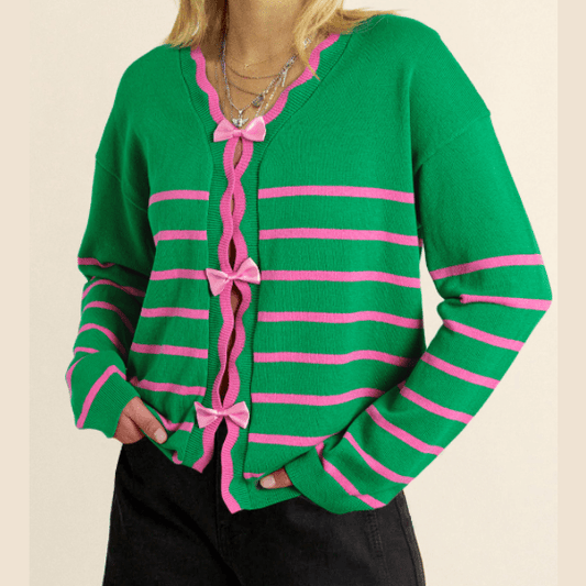 Maizy Green Stripe Ribbon Cute Bow Detail Sweater Knit Cardigan