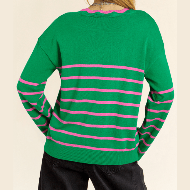 Maizy Green Stripe Ribbon Cute Bow Detail Sweater Knit Cardigan