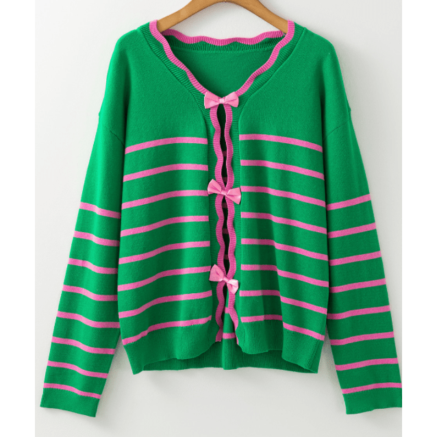 Maizy Green Stripe Ribbon Cute Bow Detail Sweater Knit Cardigan