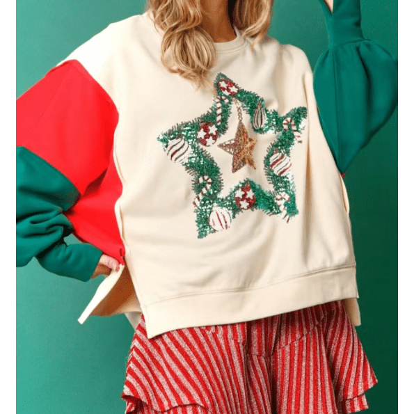 Christmas Tinsel Star Side Slits Colorblock Sweatshirt