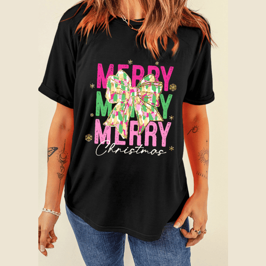 Black Merry Christmas Brushwork Bow Printed T Shirt - S to 3X