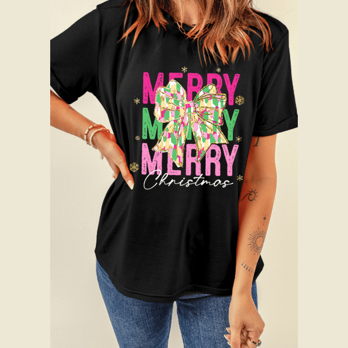 Black Merry Christmas Brushwork Bow Printed T Shirt - S to 3X