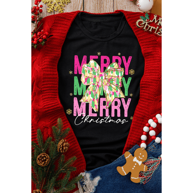 Black Merry Christmas Brushwork Bow Printed T Shirt - S to 3X