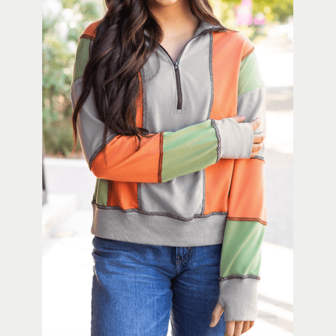 Liza Ann Light Grey Color Block Stitching Detail Half Zipper Sweatshirt * S-3X