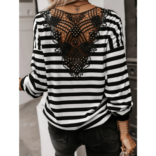 Renata Black Stripe Crochet Hollow-out Back Buttoned Shoulder V Neck Top