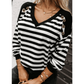 Renata Black Stripe Crochet Hollow-out Back Buttoned Shoulder V Neck Top