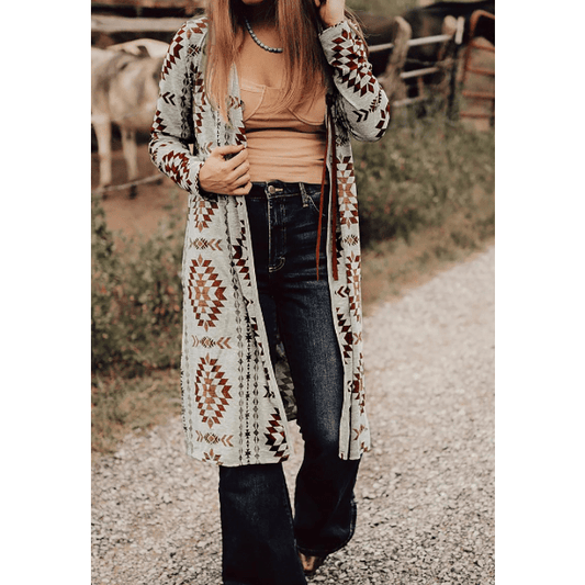 Skylyn Brown Western Aztec Printed Open Front Long Cardigan