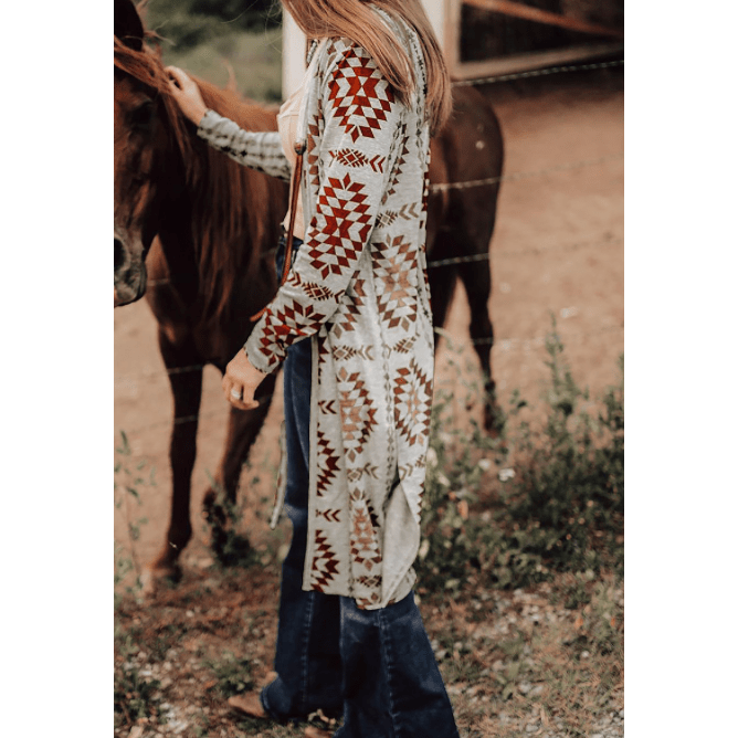 Skylyn Brown Western Aztec Printed Open Front Long Cardigan