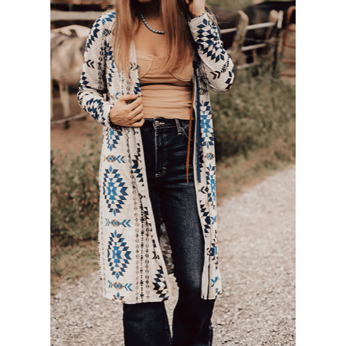 Skylyn Blue Western Aztec Printed Open Front Long Cardigan