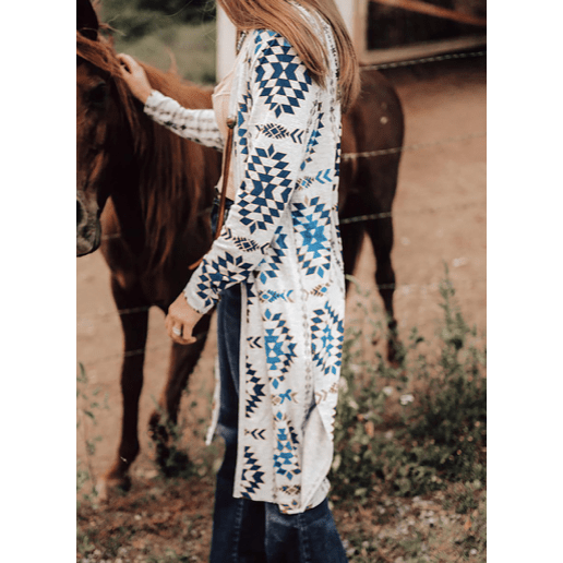 Skylyn Blue Western Aztec Printed Open Front Long Cardigan