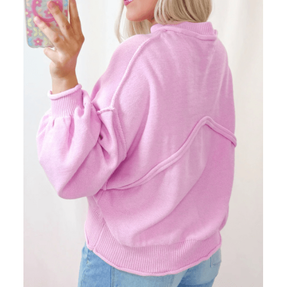 Matty Pink Raw Edge Ribbed Detail Drop Shoulder Sweater