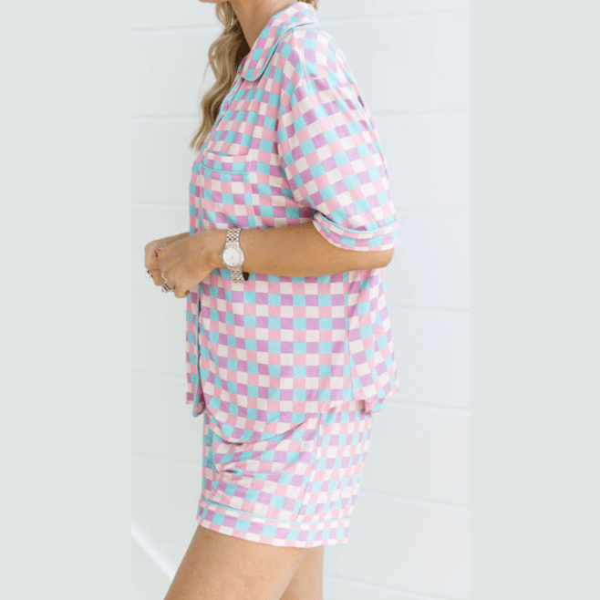 Calinda Purple Checkered Pattern Short Sleeve Pajamas Set