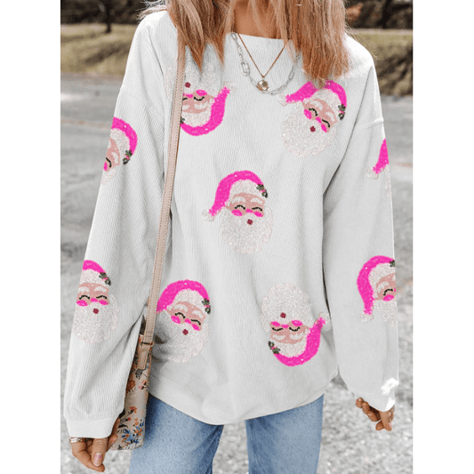 White Sequin Father Christmas Ribbed Oversized Graphic Sweatshirt