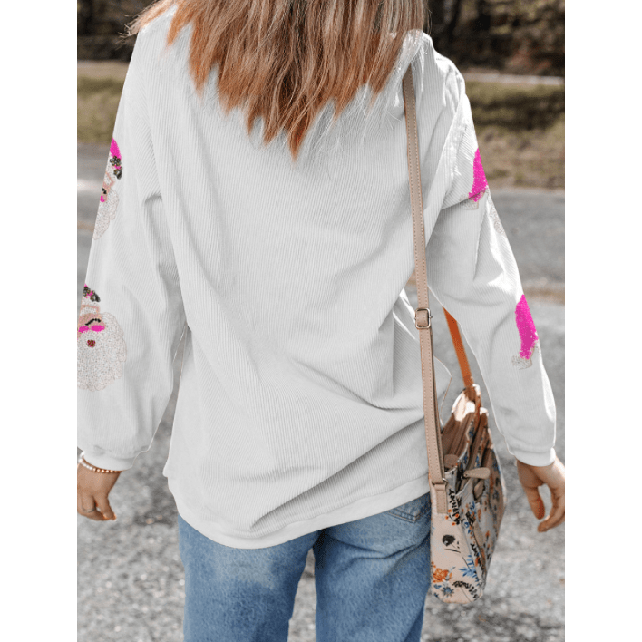 White Sequin Father Christmas Ribbed Oversized Graphic Sweatshirt