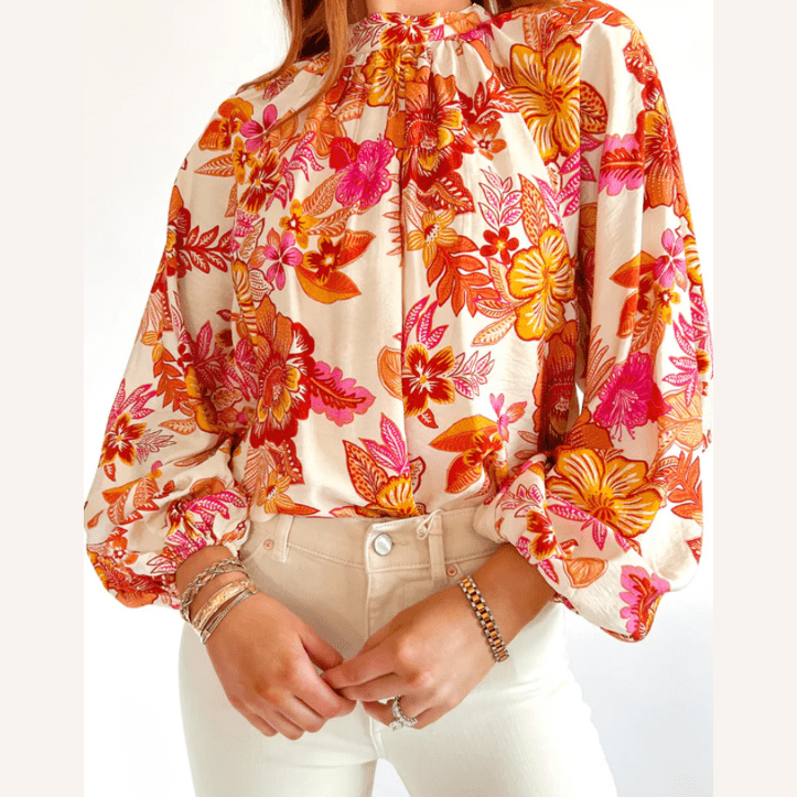 Tisha Orange Floral Print Pearl Button Keyhole Long Puff Sleeve Blouse