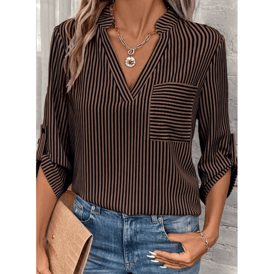 Mary Margaret Brown Stripe V Neck Roll Up Sleeve Pocket Patched Classic Shirt