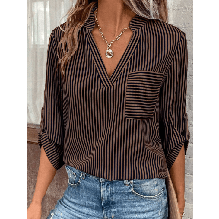 Mary Margaret Brown Stripe V Neck Roll Up Sleeve Pocket Patched Classic Shirt