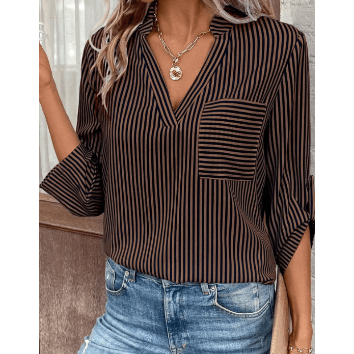 Mary Margaret Brown Stripe V Neck Roll Up Sleeve Pocket Patched Classic Shirt