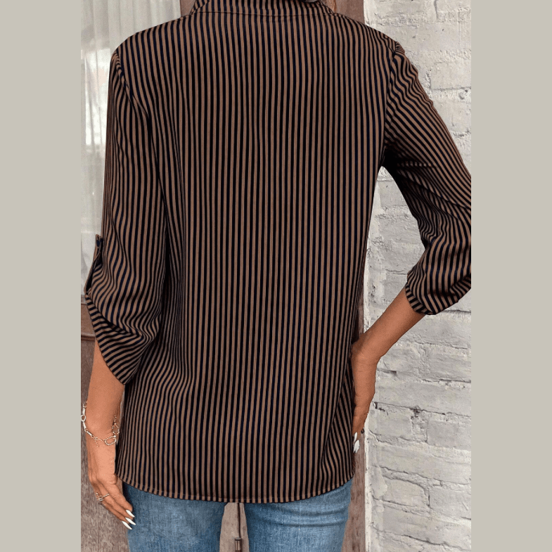 Mary Margaret Brown Stripe V Neck Roll Up Sleeve Pocket Patched Classic Shirt