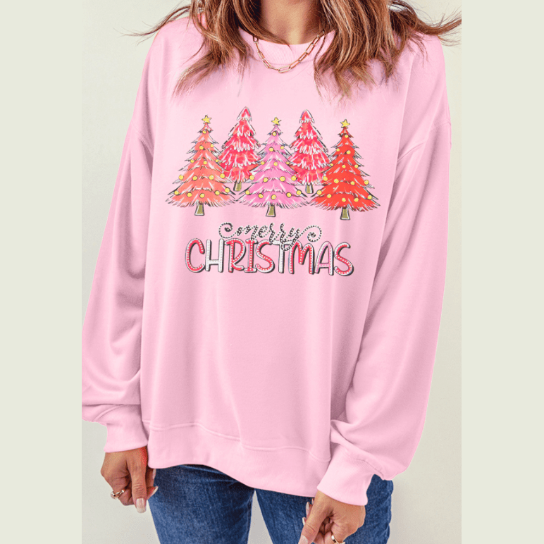 Pink Rhinestone Merry CHRISTMAS Christmas Tree Graphic Sweatshirt