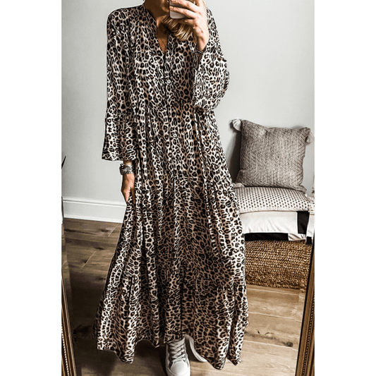 Neena Leopard Print Tiered Wide Sleeve Maxi Dress