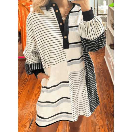 Kamilla Black Stripe Colorblock Knit Henley Collar Shift Long Sleeve Mini Dress