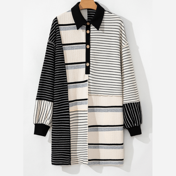 Kamilla Black Stripe Colorblock Knit Henley Collar Shift Long Sleeve Mini Dress