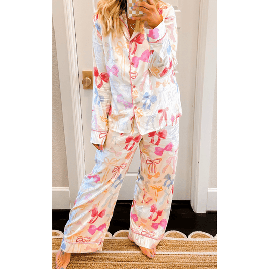 White Bow Knot Print Lapel Collar Wide Leg Satin Pajama Set