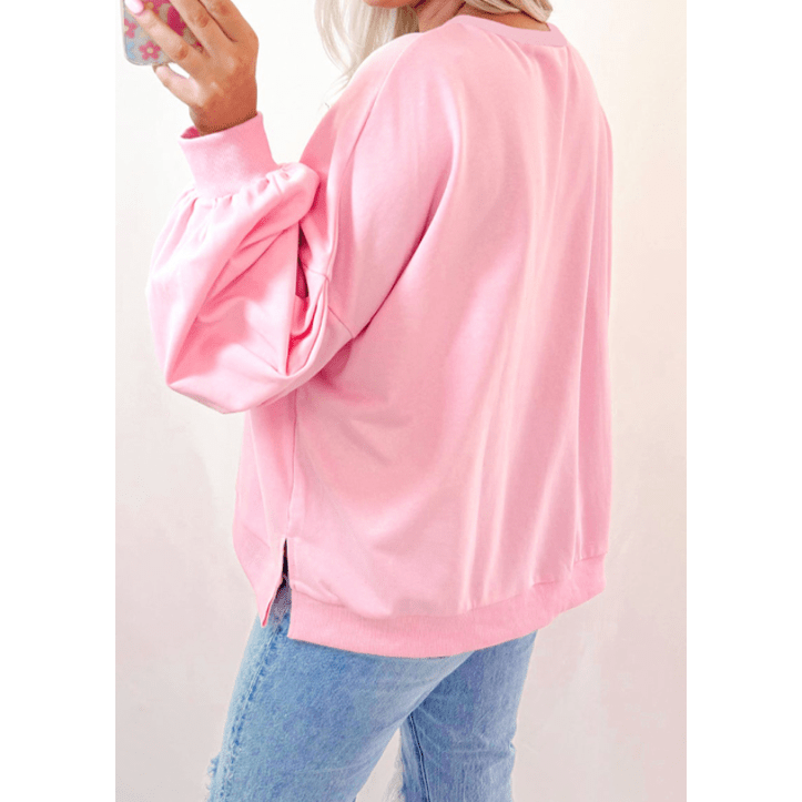 Brecklyn Light Pink Embroidered Bow Lantern Sleeve Oversized Pullover Sweatshirt