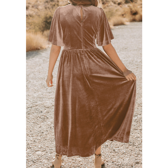 Minni Chestnut Velvet Lacy V Neckline Short Sleeve Empire Waist Flowy Maxi Dress