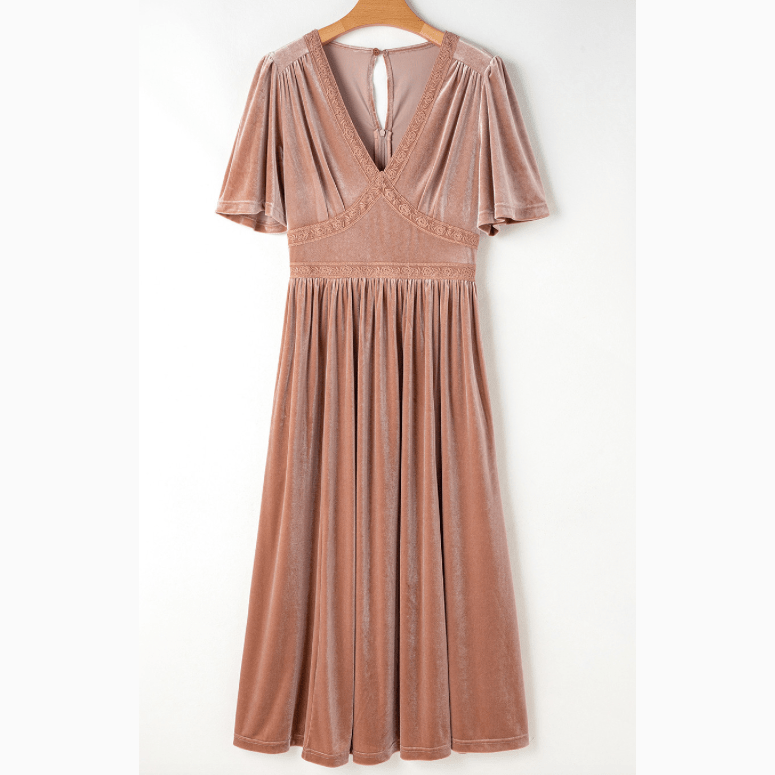 Minni Chestnut Velvet Lacy V Neckline Short Sleeve Empire Waist Flowy Maxi Dress