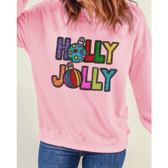 Pink HOLLY JOLLY Christmas Festive Letter Graphic Sweatshirt