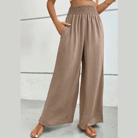 Erlinda Beige Elastic Waist Wide Leg Pants