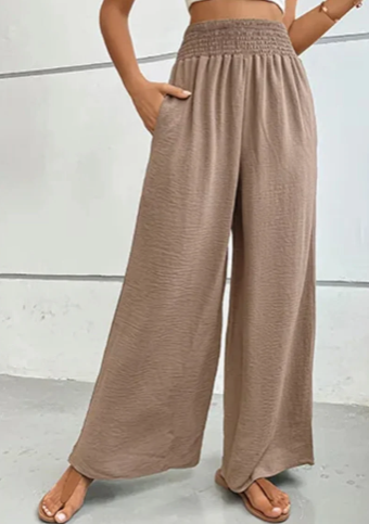 Erlinda Beige Elastic Waist Wide Leg Pants