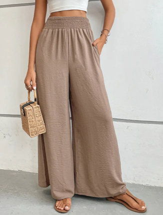 Erlinda Beige Elastic Waist Wide Leg Pants