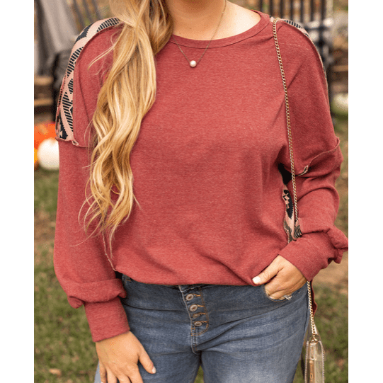 Sheba Aztec Patchwork Drop Shoulder PLUS SIZE High Low Sweatshirt