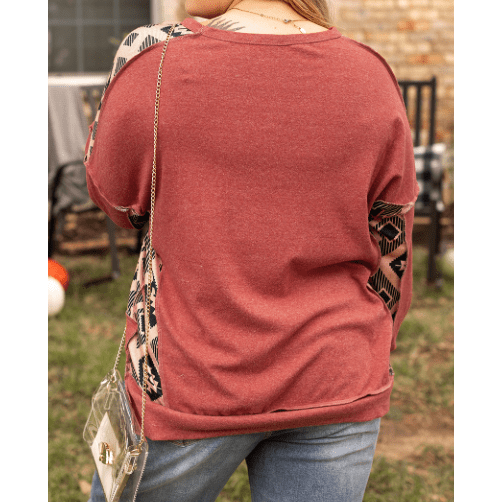 Sheba Aztec Patchwork Drop Shoulder PLUS SIZE High Low Sweatshirt