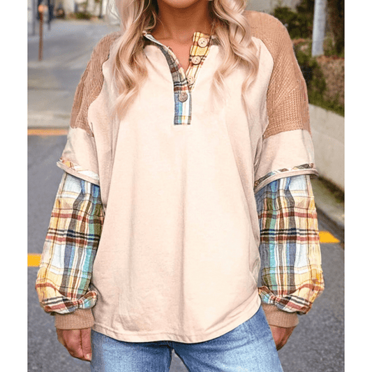 Tessa Parchment PLUS SIZE Plaid Patchwork Layered Henley Top