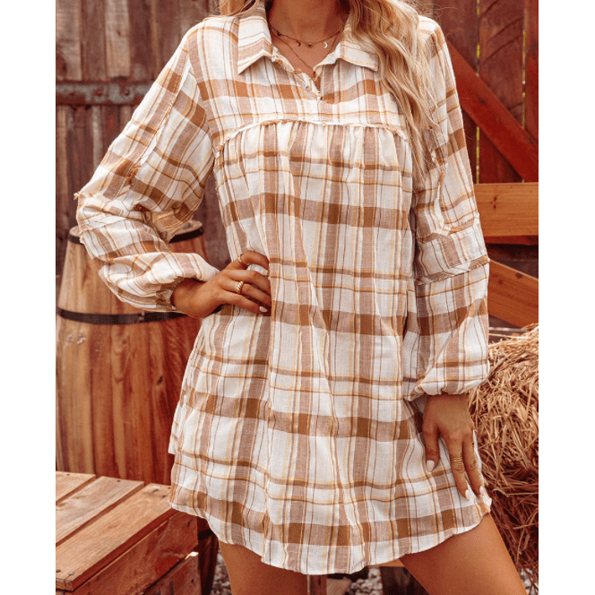 SALE!!!  Hanny Brown Plaid Print Side Pockets Frilled Babydoll Mini Dress