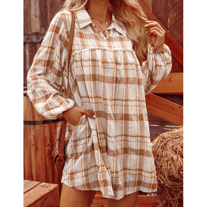 SALE!!!  Hanny Brown Plaid Print Side Pockets Frilled Babydoll Mini Dress
