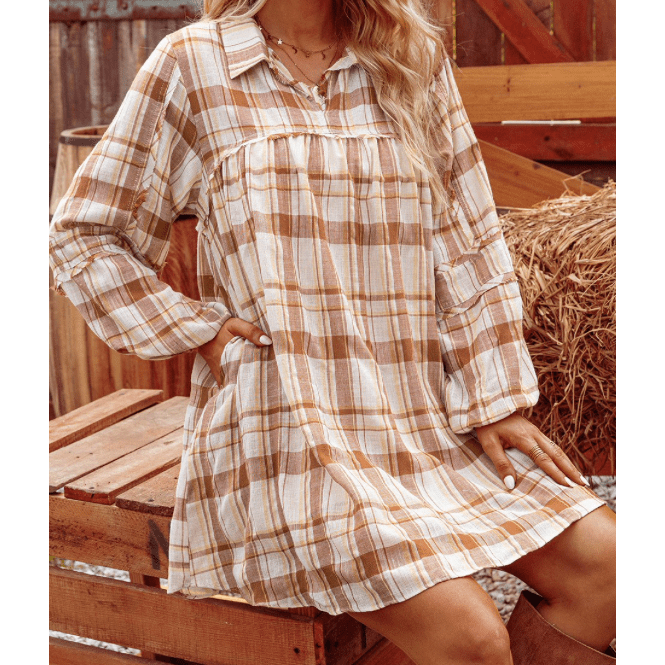 SALE!!!  Hanny Brown Plaid Print Side Pockets Frilled Babydoll Mini Dress