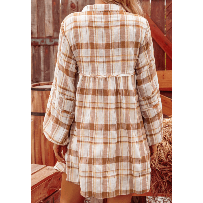 SALE!!!  Hanny Brown Plaid Print Side Pockets Frilled Babydoll Mini Dress