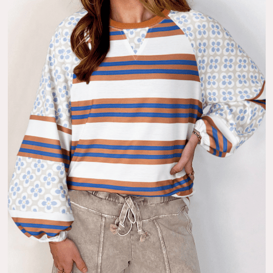 Colley White Striped Floral Printed Patchwork Lantern Sleeve Blouse