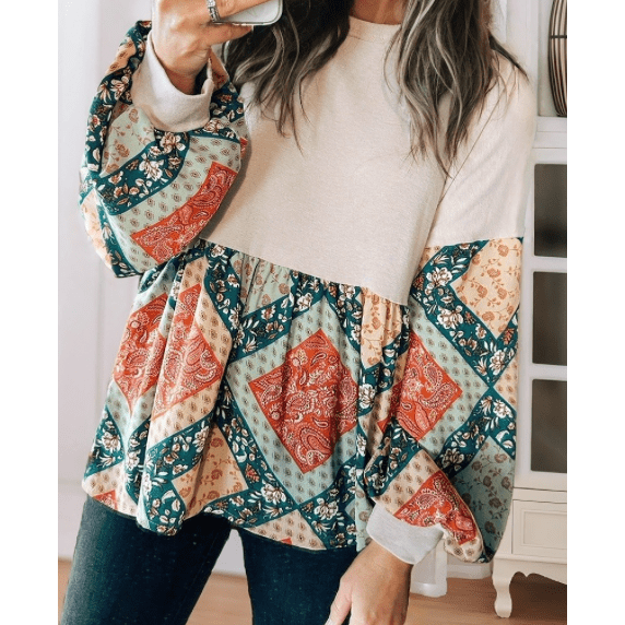 Klaudia Paisley Geometric Patchwork Crew Neck Loose Fit Top
