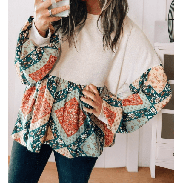 Klaudia Paisley Geometric Patchwork Crew Neck Loose Fit Top