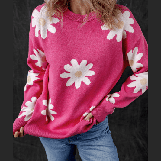 REDUCED!!!  Kyra Bright Pink Daisy Flower Crew Neck Long Sleeve Sweater  REDUCED!!!