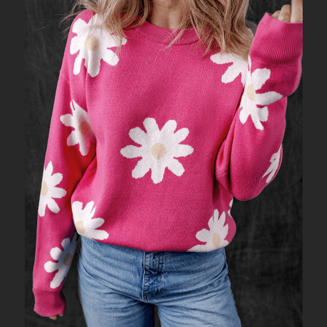 REDUCED!!!  Kyra Bright Pink Daisy Flower Crew Neck Long Sleeve Sweater  REDUCED!!!